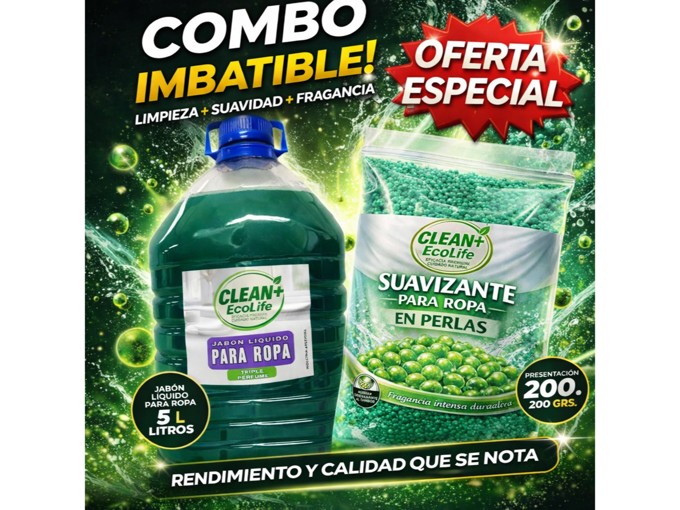 JABON LIQUIDO PARA ROPA X 5 lts. + SUAVIZANTE EN PERLAS