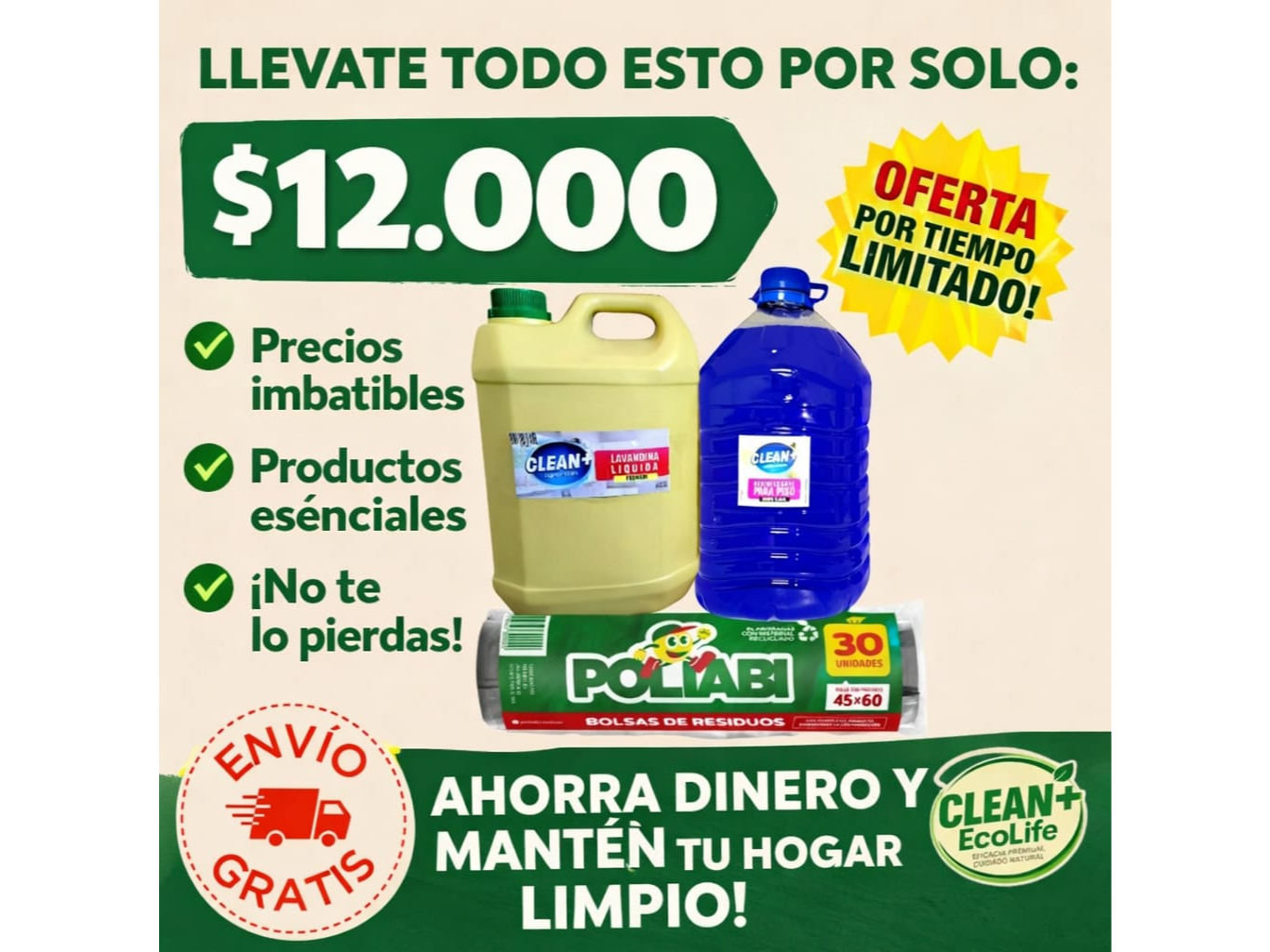Lavandina x 5 lts.  - desodorante de pisos x 5 lts. - bolsas 45x60x30 u.