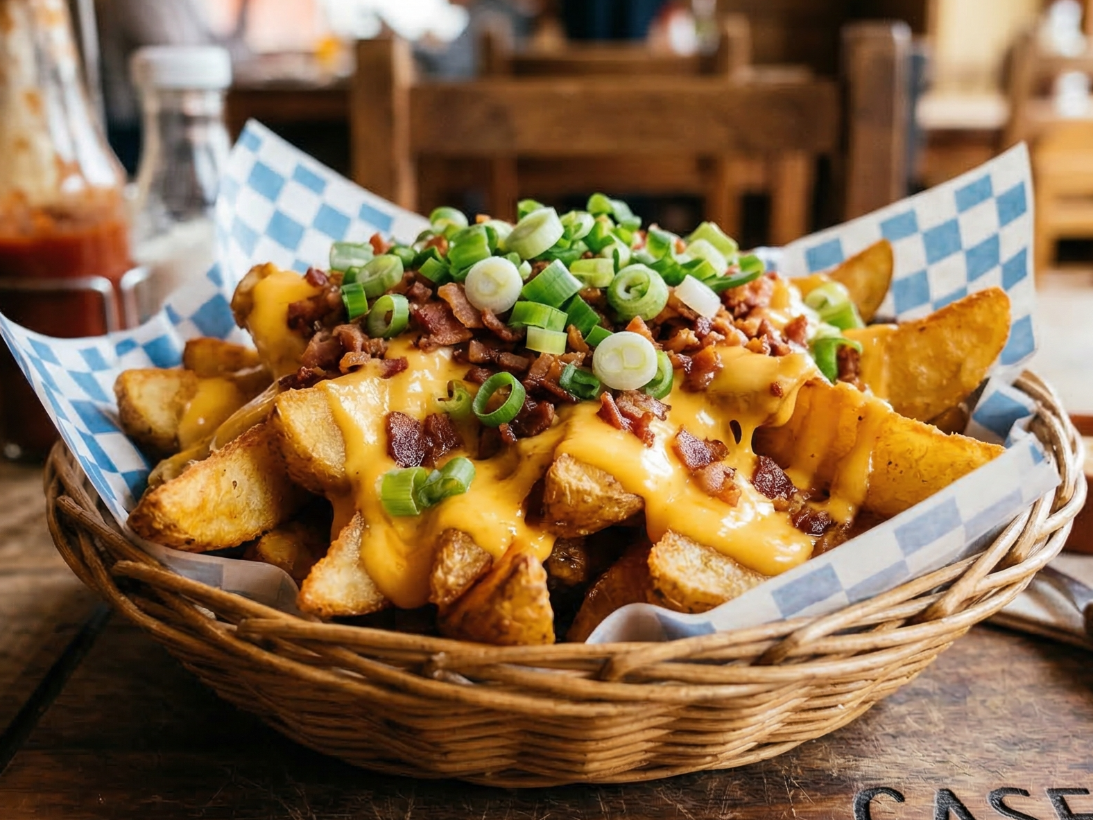 Papas con Cheddar,  Bacon y verdeo