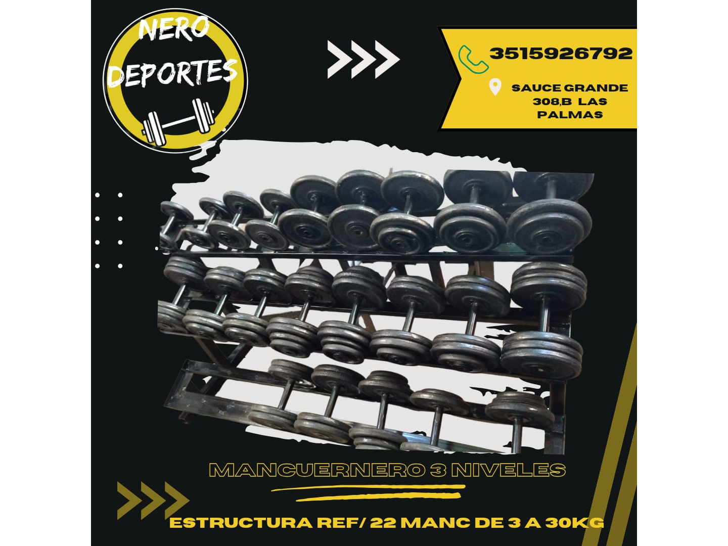 Mancuernero 3 niveles + 22 mancuernas de 2.5 a 30 kg