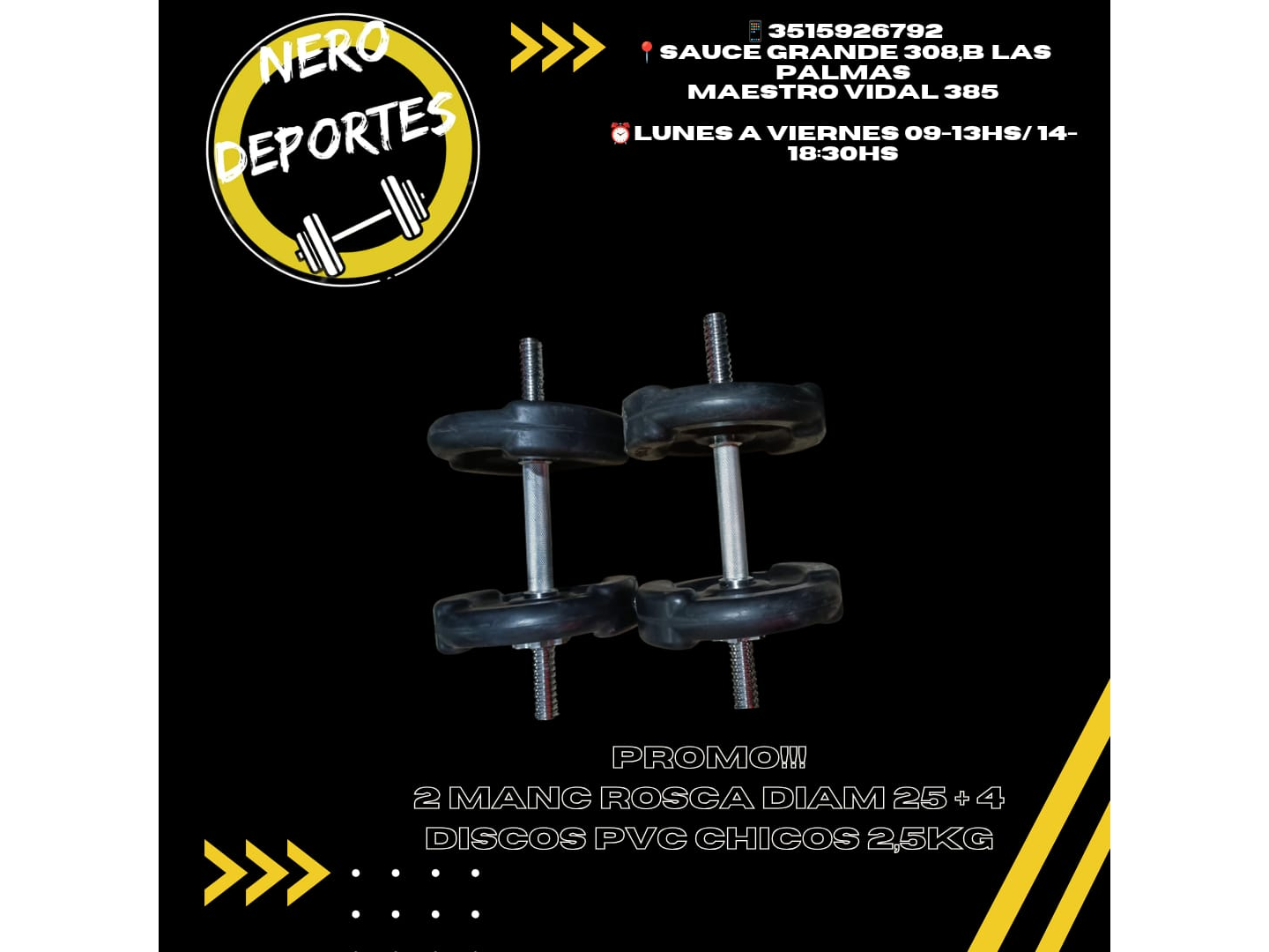 2 mancuernas a rosca diam 25 + 4 discos pvc chicos de 2,5 kg