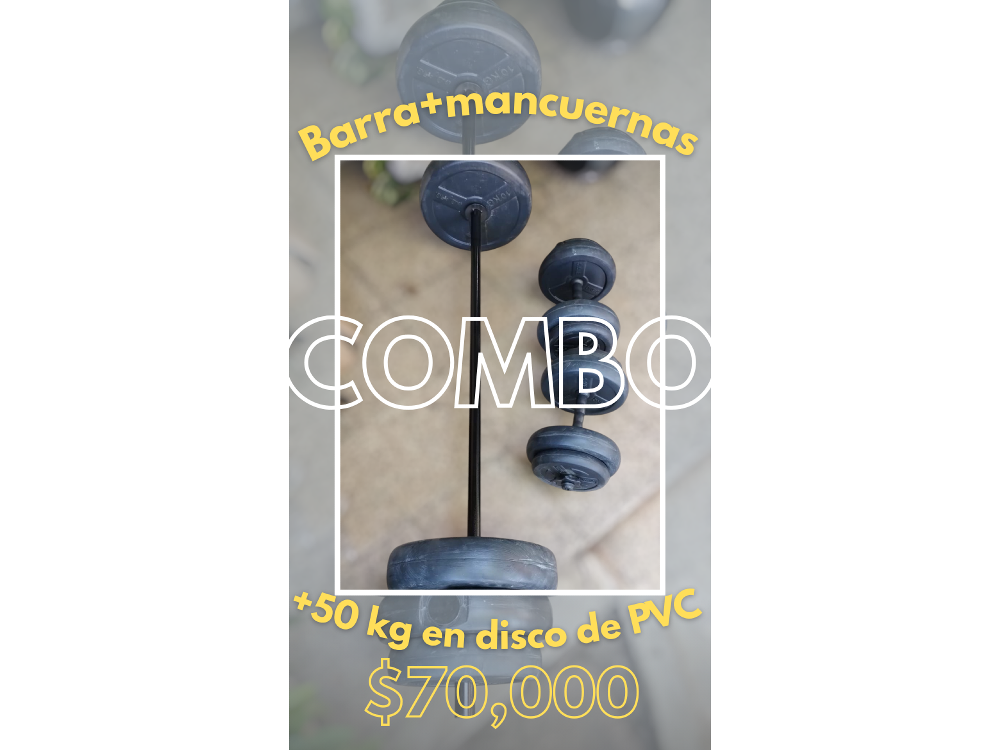 COMBO barra mancuernas y 50 kg en disco de PVC