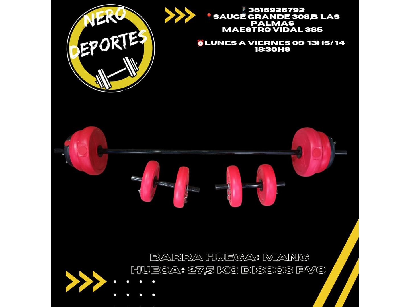 Barra hueca + 2 manc huecas+ 27,5 kg discos pvc