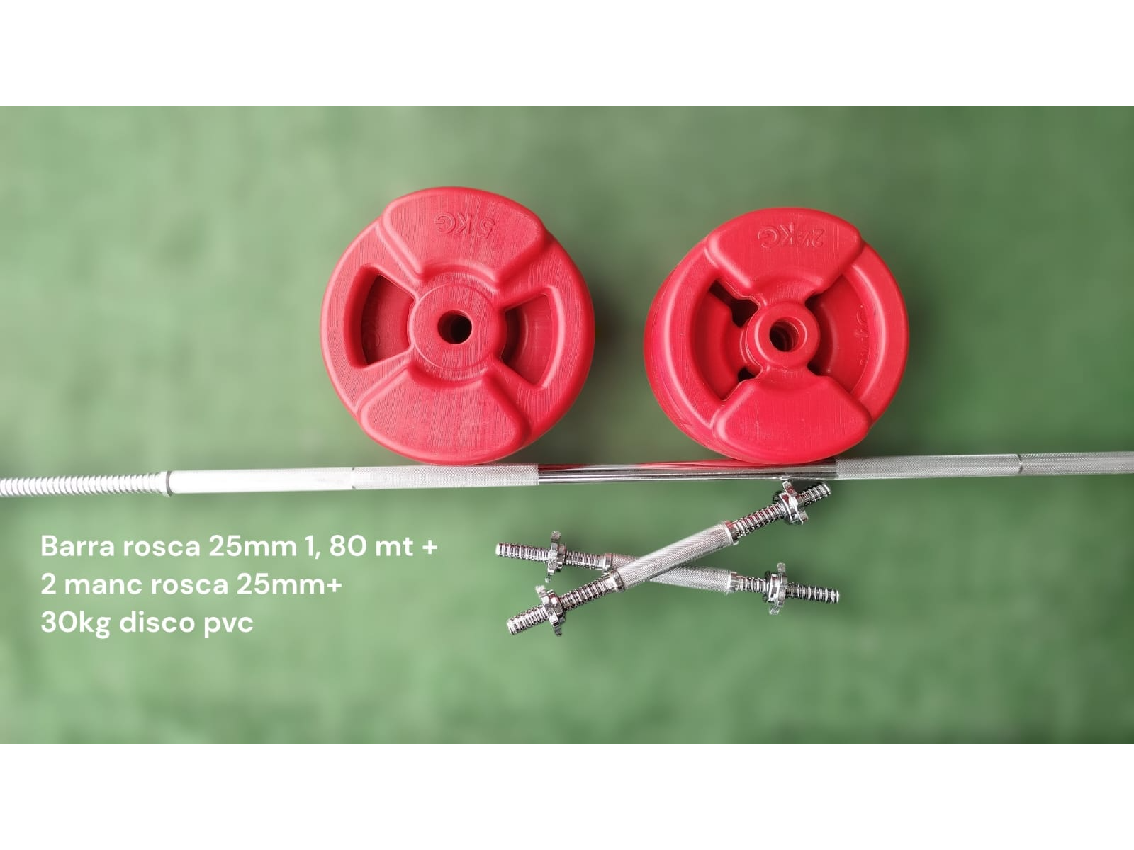 Barra rosca 25mm 1.80 mt + dos manc rosca 25mm + 30kg discos pvc