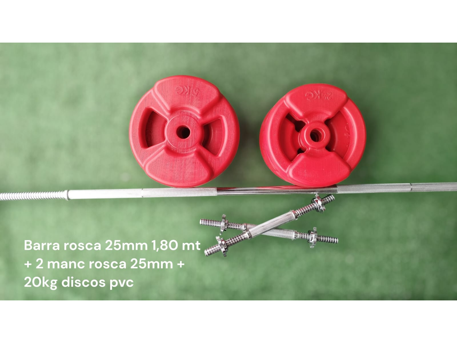Barra rosca 25mm 1.80mt + dos manc rosca 25mm + 20kg discos pvc
