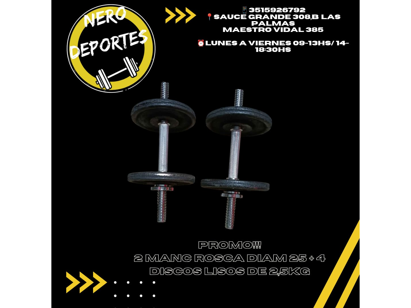PROMO! 2 mancuernas a rosca diam 25 + 4 discos lisos 2,5 kg