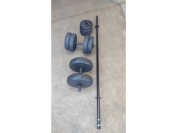 Combo : barra hueca 1.5 + 2 mancuernas pvc a rosca + 4 discos 1.25 pvc lisos + 4 discos 2.5 Kg pvc lisos + 2 discos 5 Kg pvc lisos