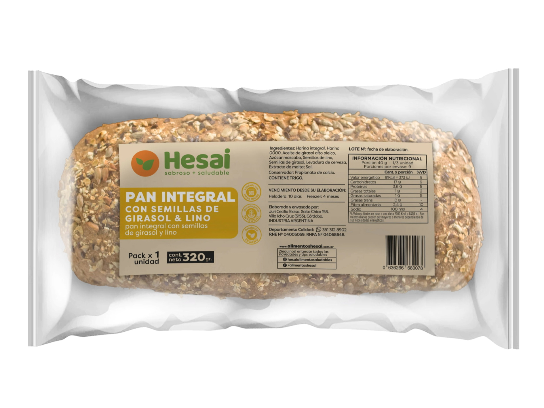 Pan integral  leudado con masa madre  "Hesai" con lino y girasol x 320 gr