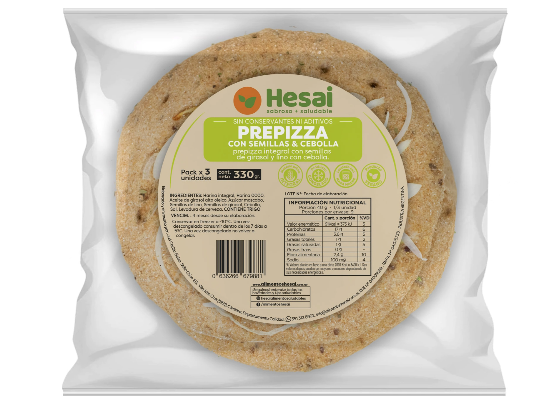 Pre-pizza integral  "Hesai" fugazza y semillas  220 gr x 2