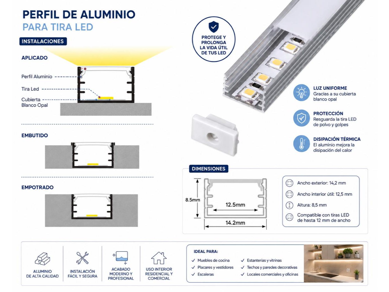 Perfil de Aluminio para Tira LED x 2Mts