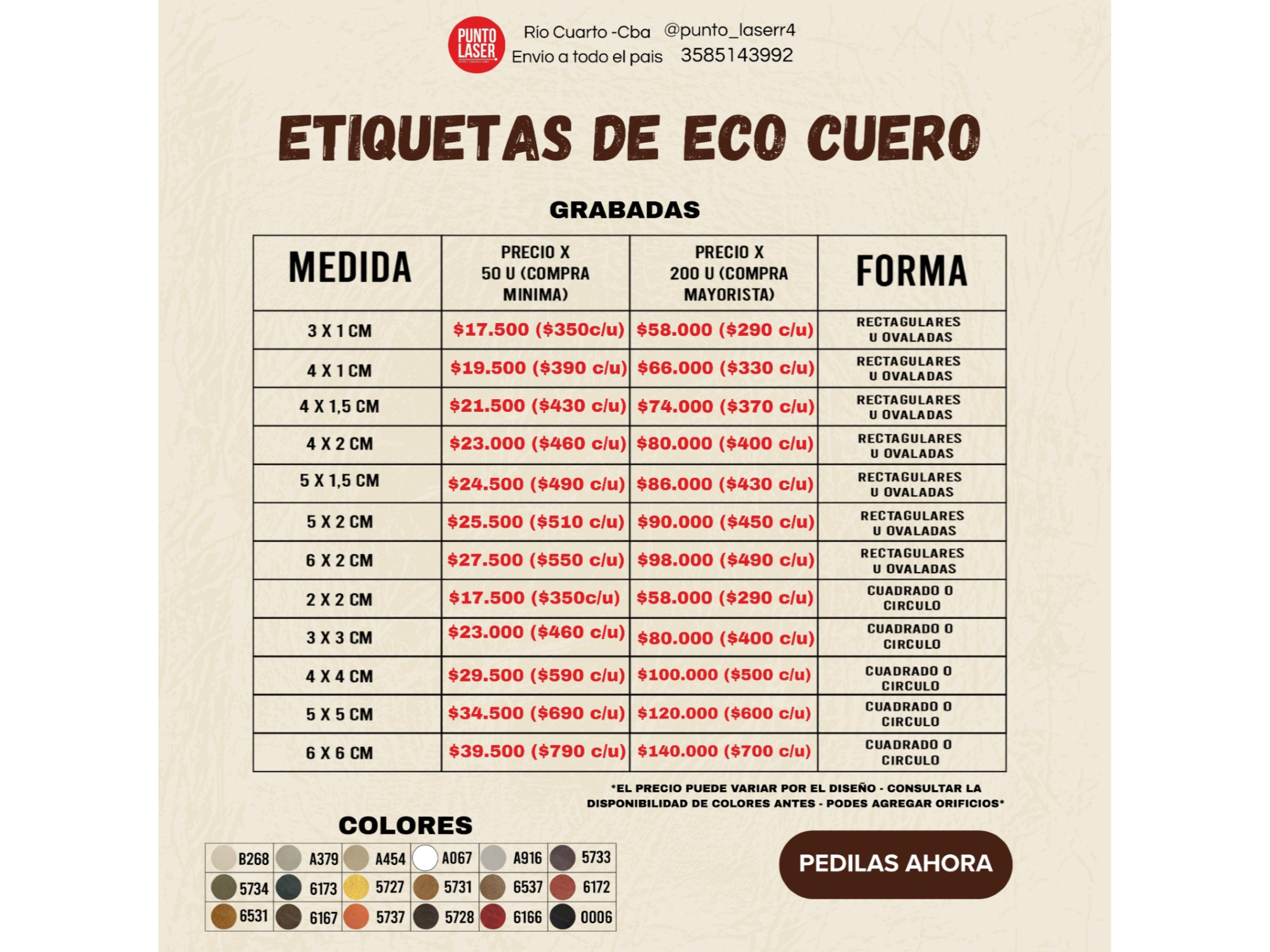 TABLA DE MEDIDAS Y PRECIOS