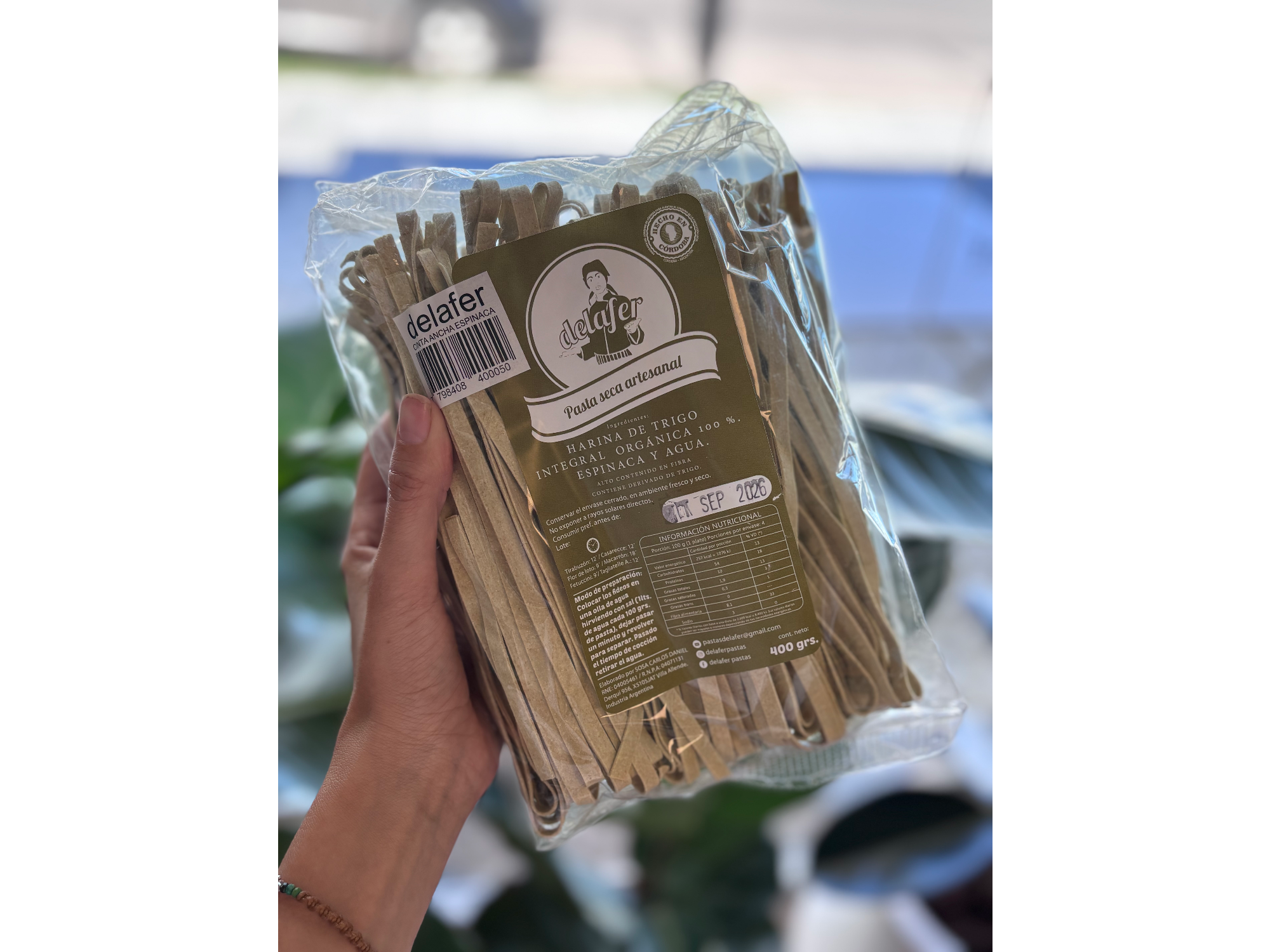 Fideos 100% integrales orgánicos cinta de espinaca