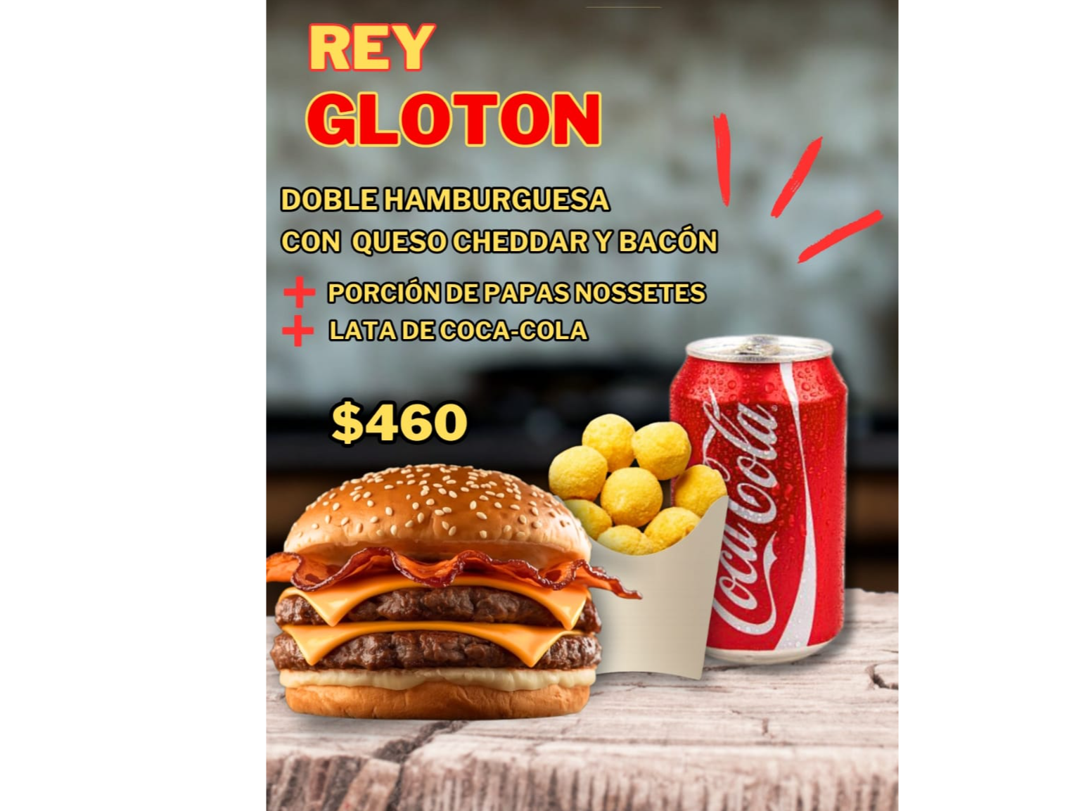 REY GLOTON ( doble hamburguesa doble queso panceta + papas noisettes + lata 345c.c)