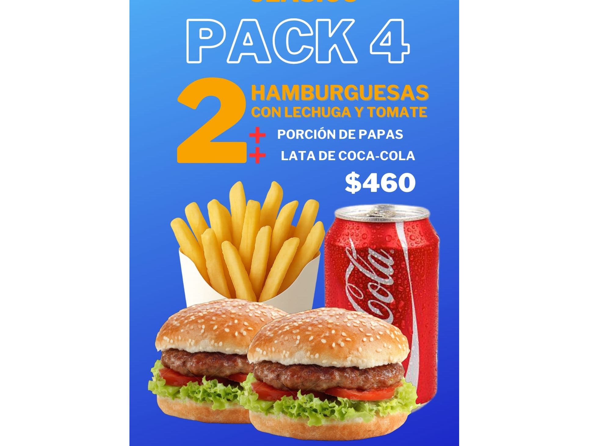 PACK4 (dos hamburguesas lechuga y tomate papas y refresco lata de 345c.c)