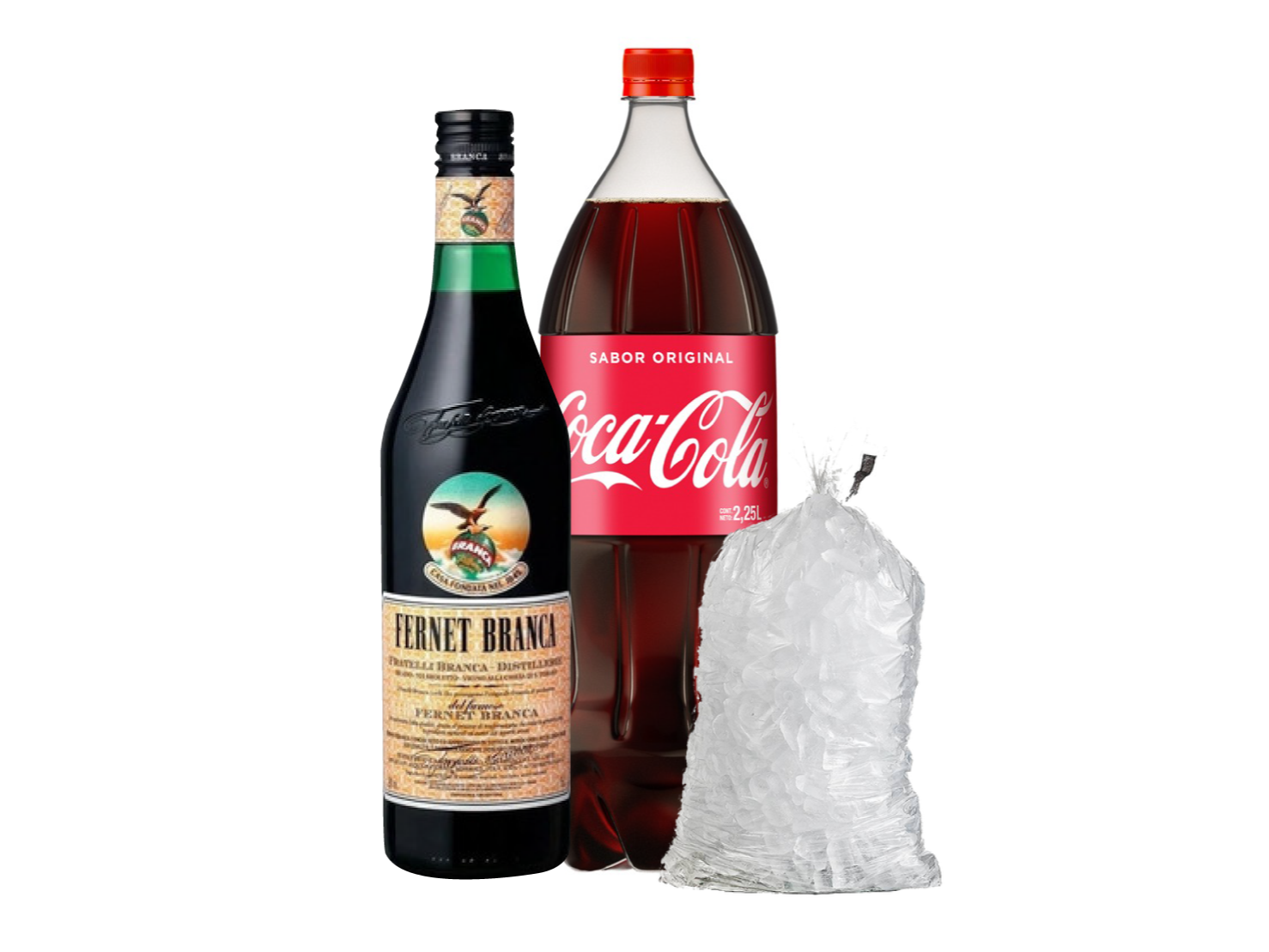 1 Fernet branca 750ml + 1 coca cola 2,25lts + 1 hielo 2,5kg