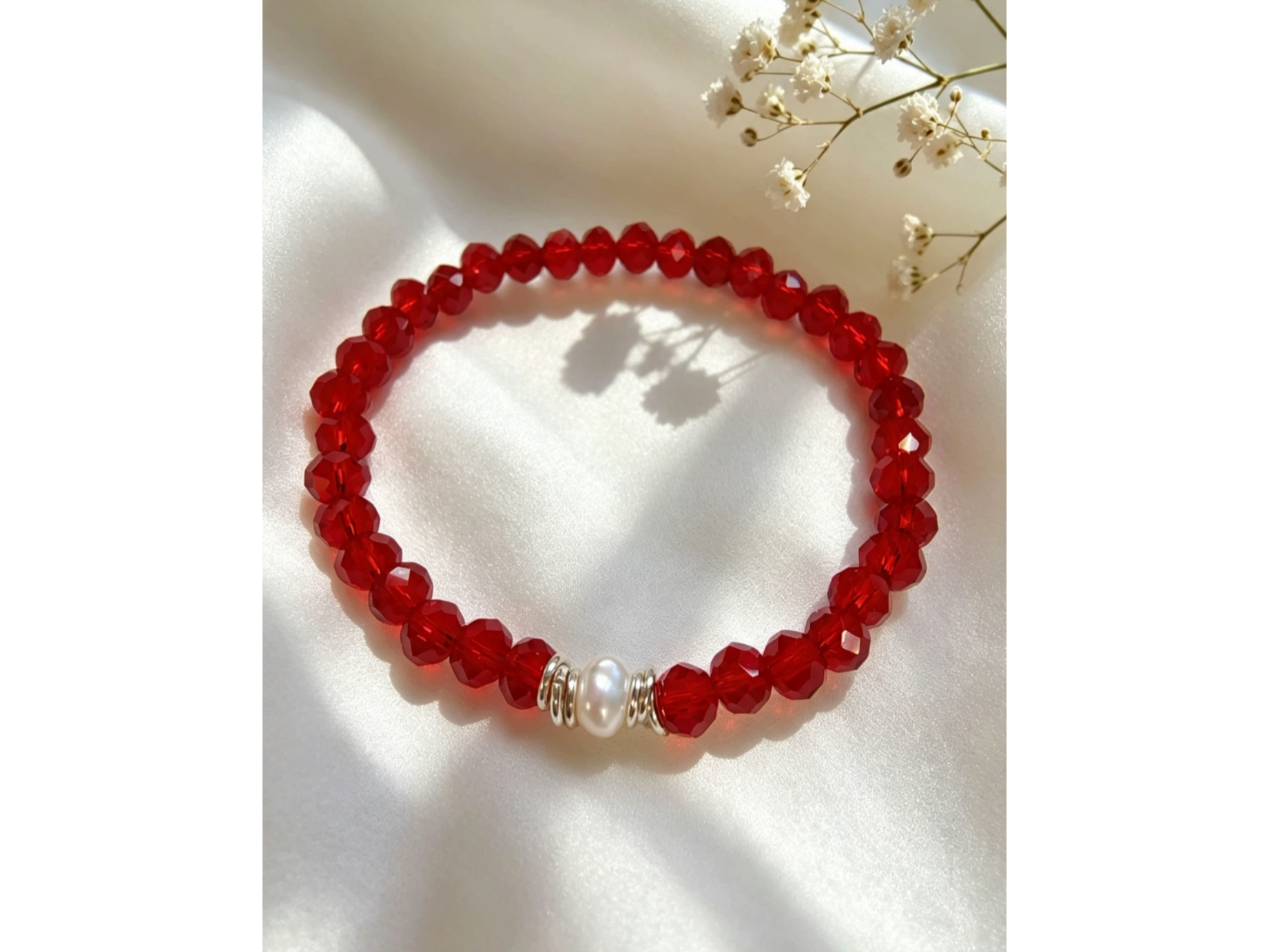 Pulsera elastizada dona 6 mm con perla y argollas de plata 925