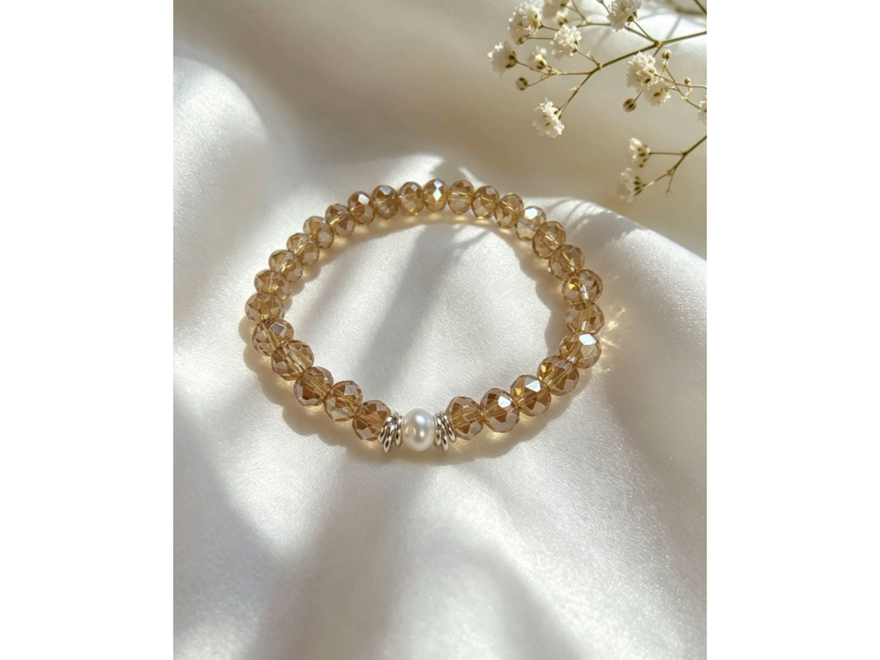 Pulsera elastizada dona 6 mm con perla y argollas de plata 925