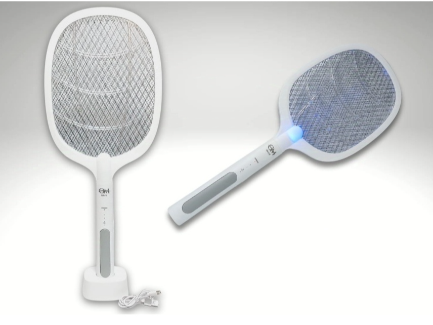 Raqueta mata moscas/mosquitos con base de carga OM