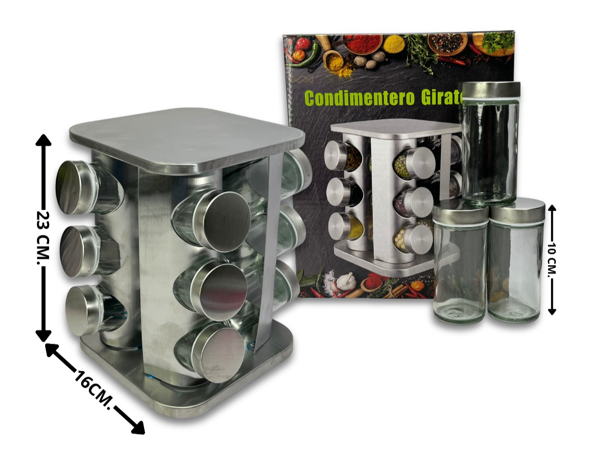 Especiero acero inoxidable giratorio 12 frascos de vidrio