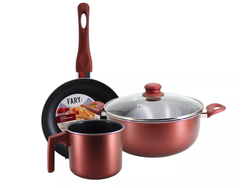 Set de ollas 3 piezas con teflón color bordo