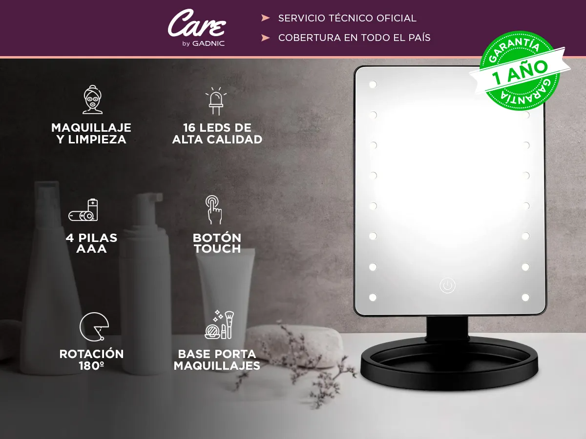 ESPEJO PARA MAQUILLAJE NEGRO TACTIL LUZ LED