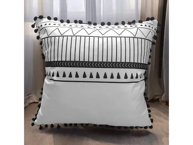FUNDA DE ALMOHADON ESTAMPADA CON POMPONES+ RELLENO DE ALMOHADON