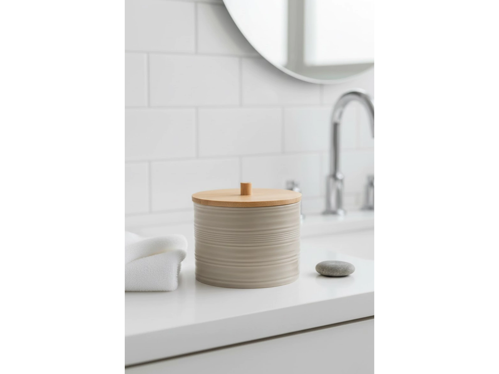 FRASCO ORGANIZADOR PARA BAÑO RAYADO CON TAPA DE BAMBOO