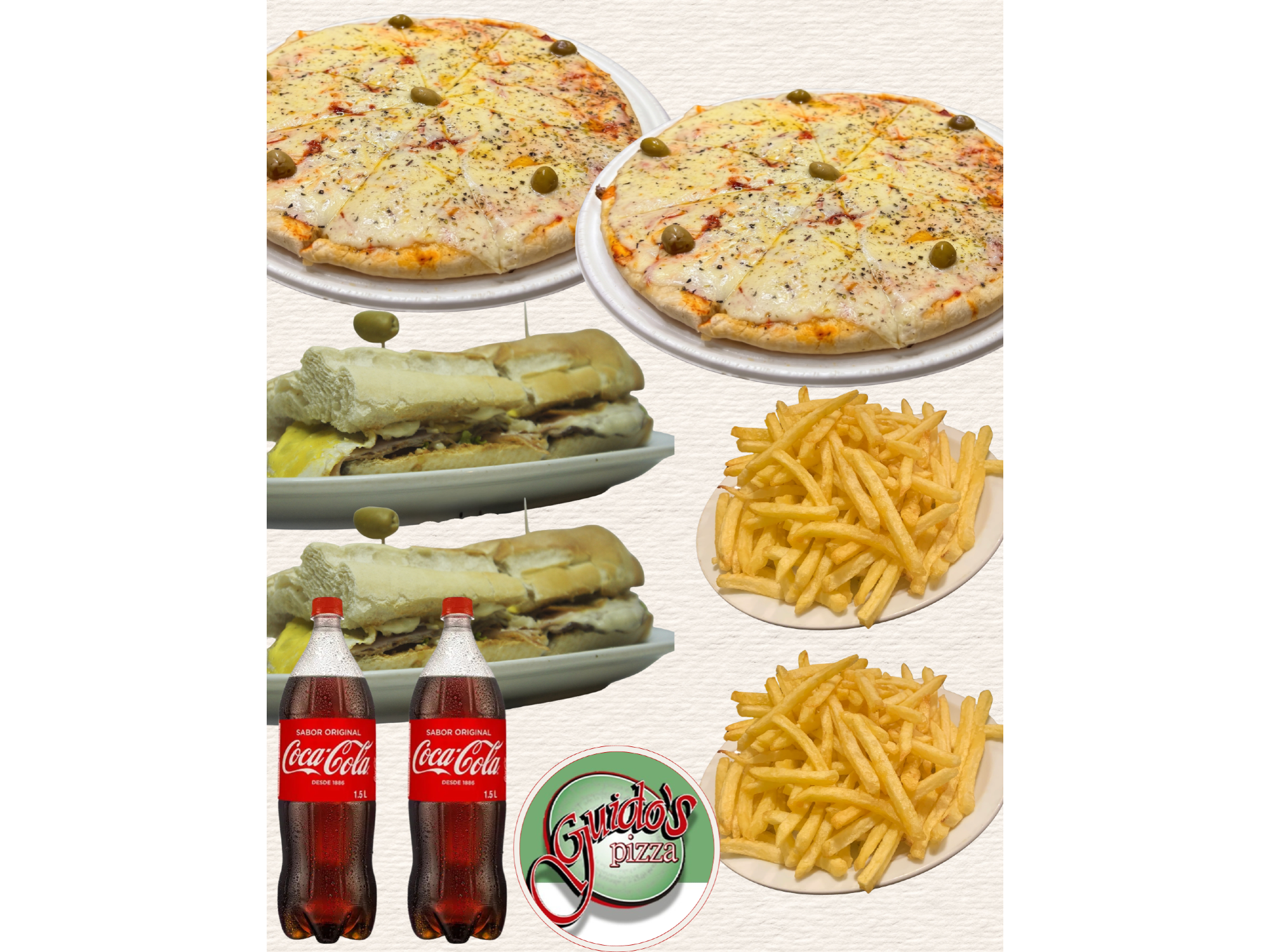 2 muzza + 2 lomos esp + 2 papas + 2 gaseosas 1.5lt