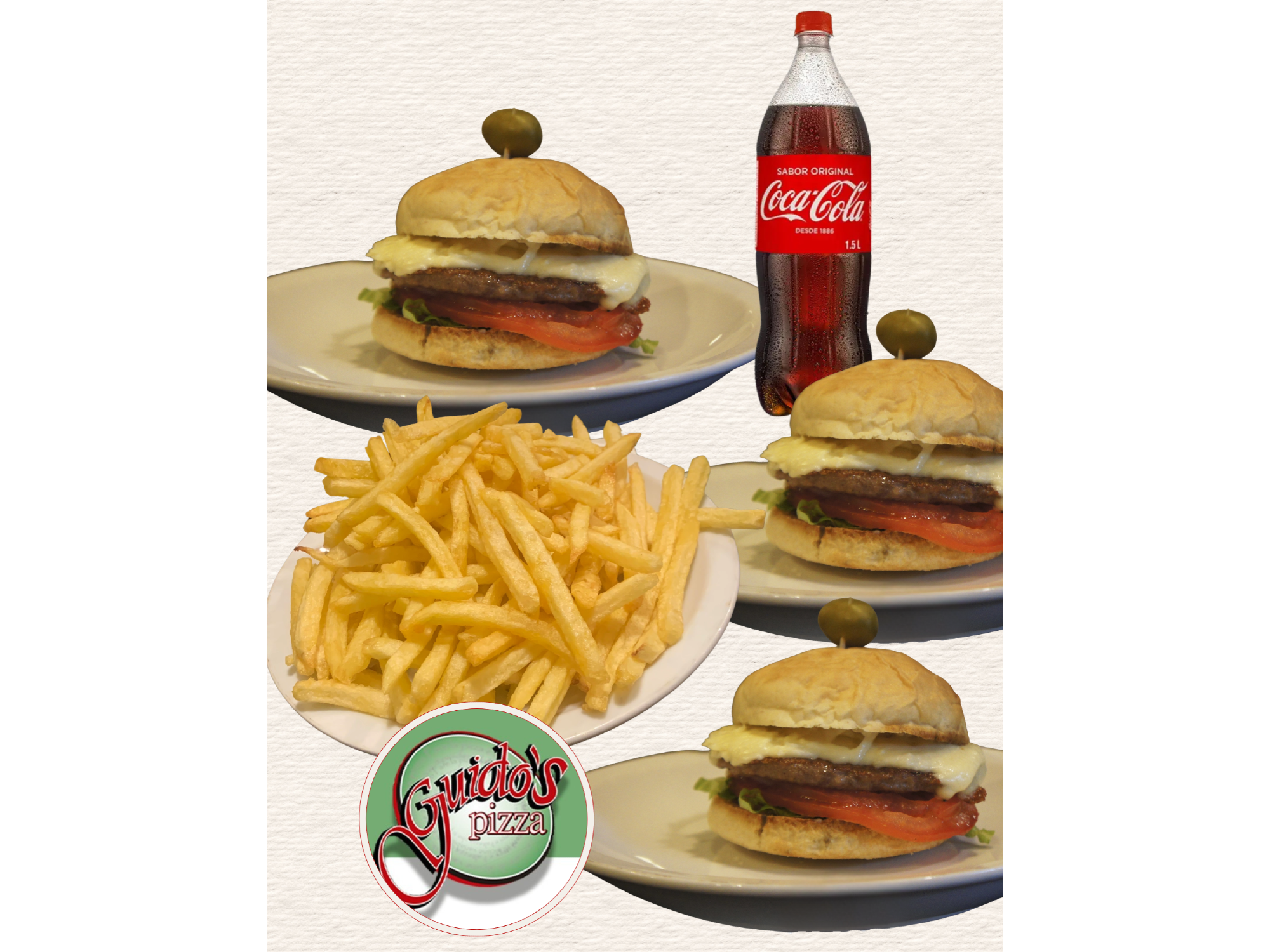 3 burguer + 1 papa + 1 gaseosa 1.5lt