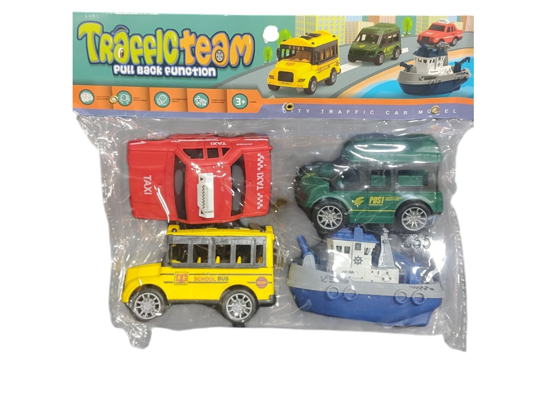 Set autos x 4 pcs "trafic, taxi, autobús, barco"