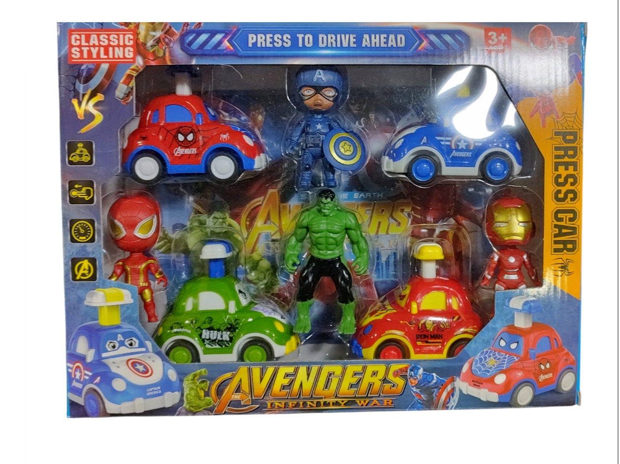 set de autos  y muñecos avengers  x 8 pcs