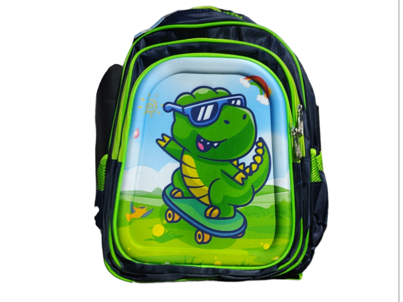 mochila dino c/lentes y patineta 3 cierres