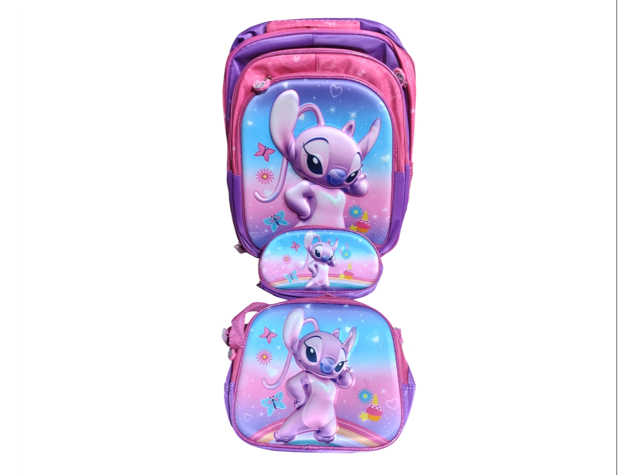 mochila stich rosa 3 pieza c/lonchera térmica y cartuchera