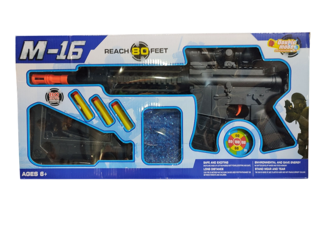 Pistola M-16 lanza dardos y balines de hidrogel con accesorios