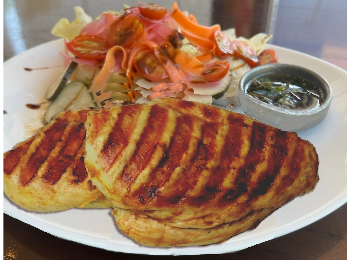 Deshuesado de pata muslo a la plancha con ensalada mix de verdes y encurtidos, o guarnicion a eleccion