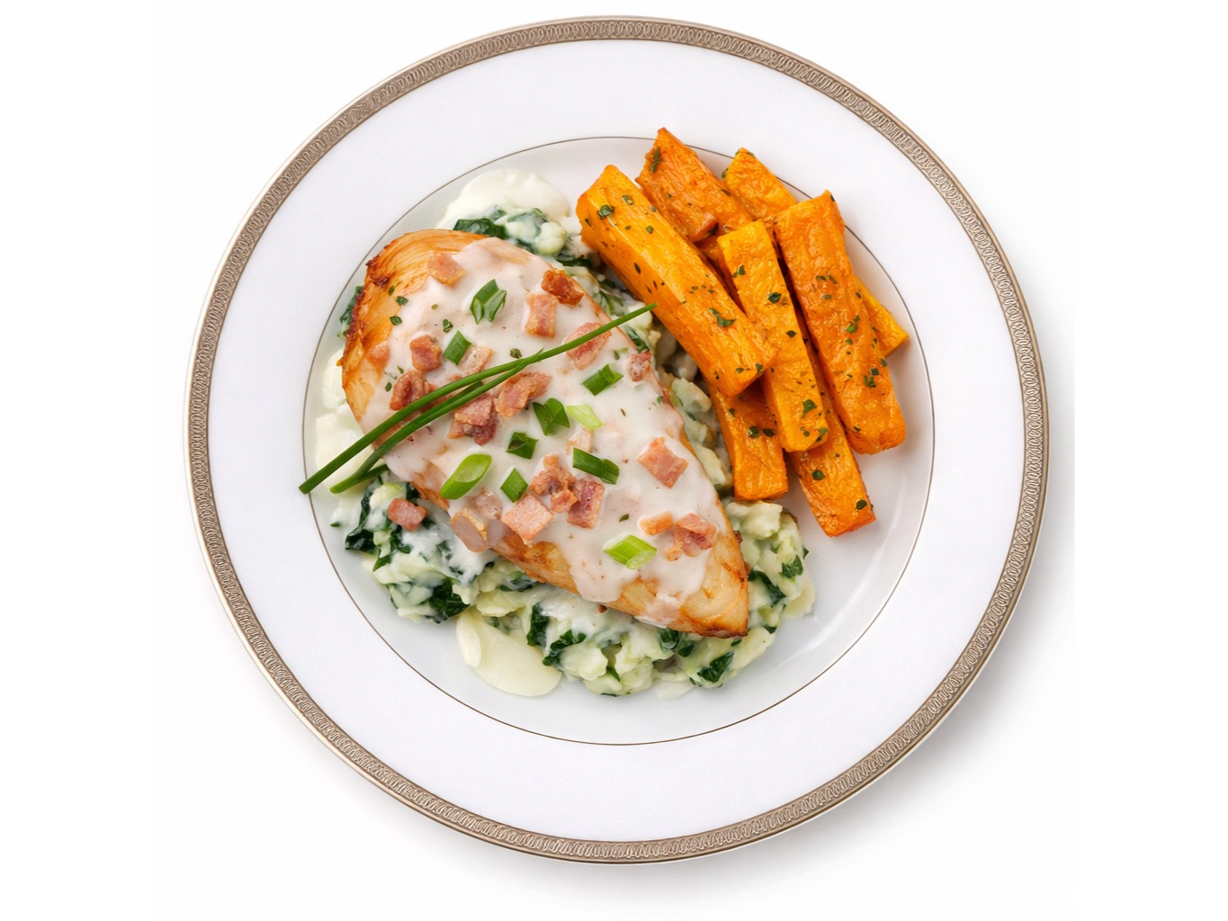 PECHUGA CON CREMA DE VERDEO Y PANCETA CON BASTONES DE CALABAZA