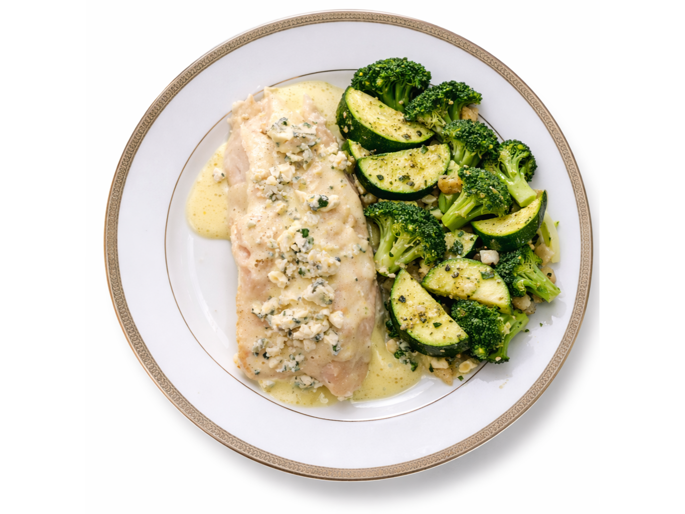 PESCADO AL QUESO AZUL CON CALABACÍN Y BRÓCOLI