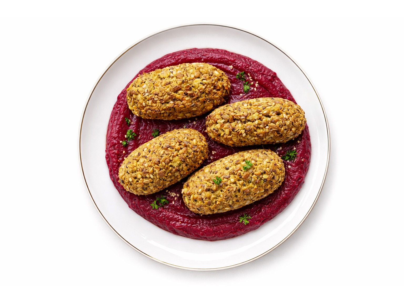 BASTONES DE LENTEJAS, ZANAHORIAS Y SEMILLAS CON CREMOSO DE REMOLACHA