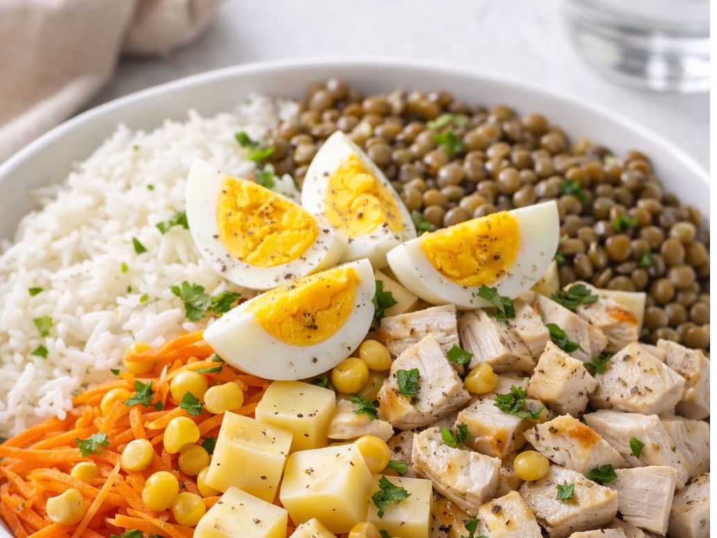 Zanahoria, Arroz, Lentejas, Queso, pollo y Huevo Duro