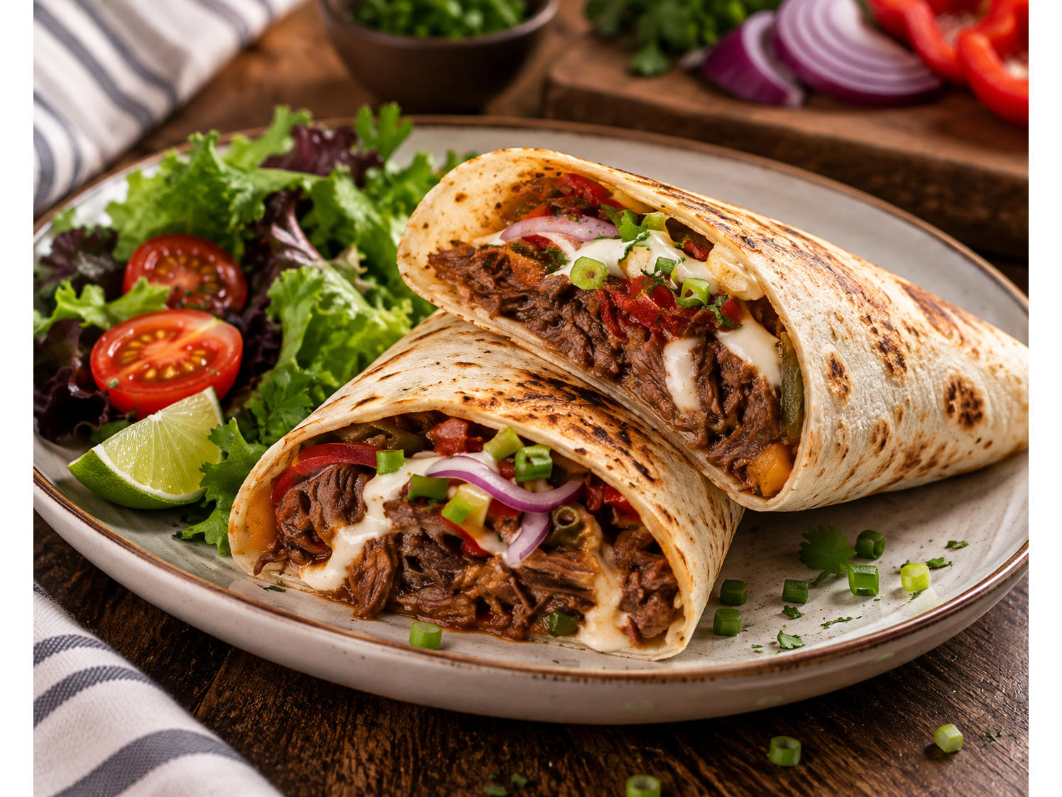 Wraps de carne desmechada con vegetales