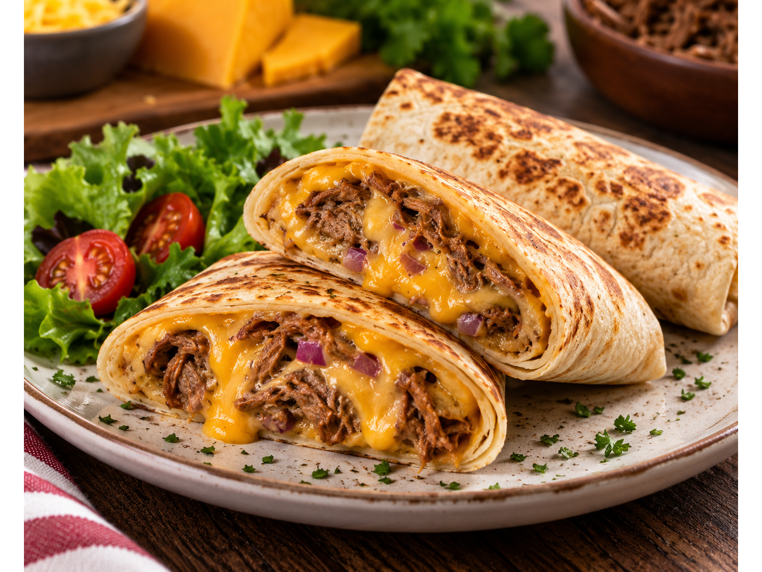 Wraps de carne desmechada y cheddar