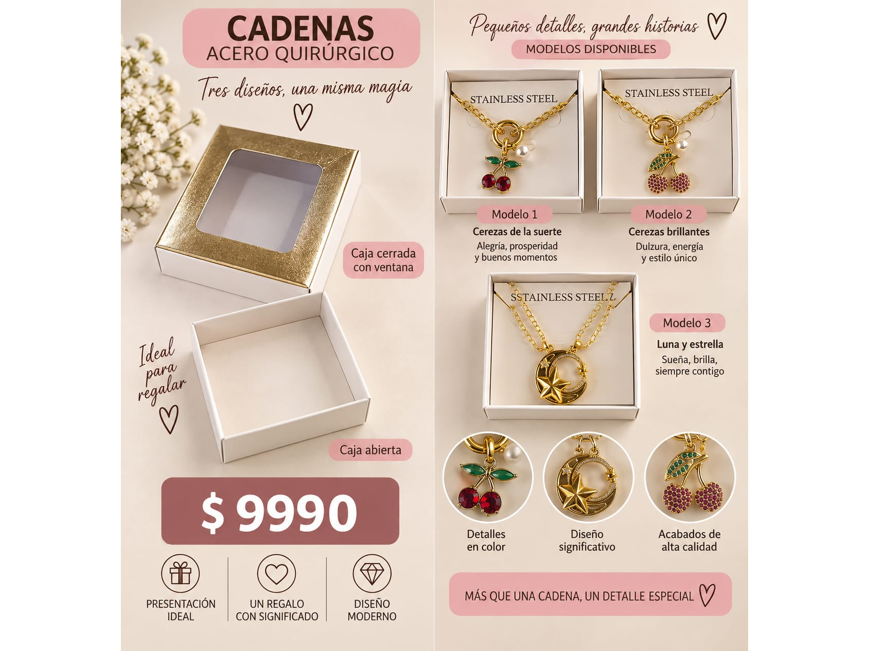 CADENA ACERO DORADO CON DIJES