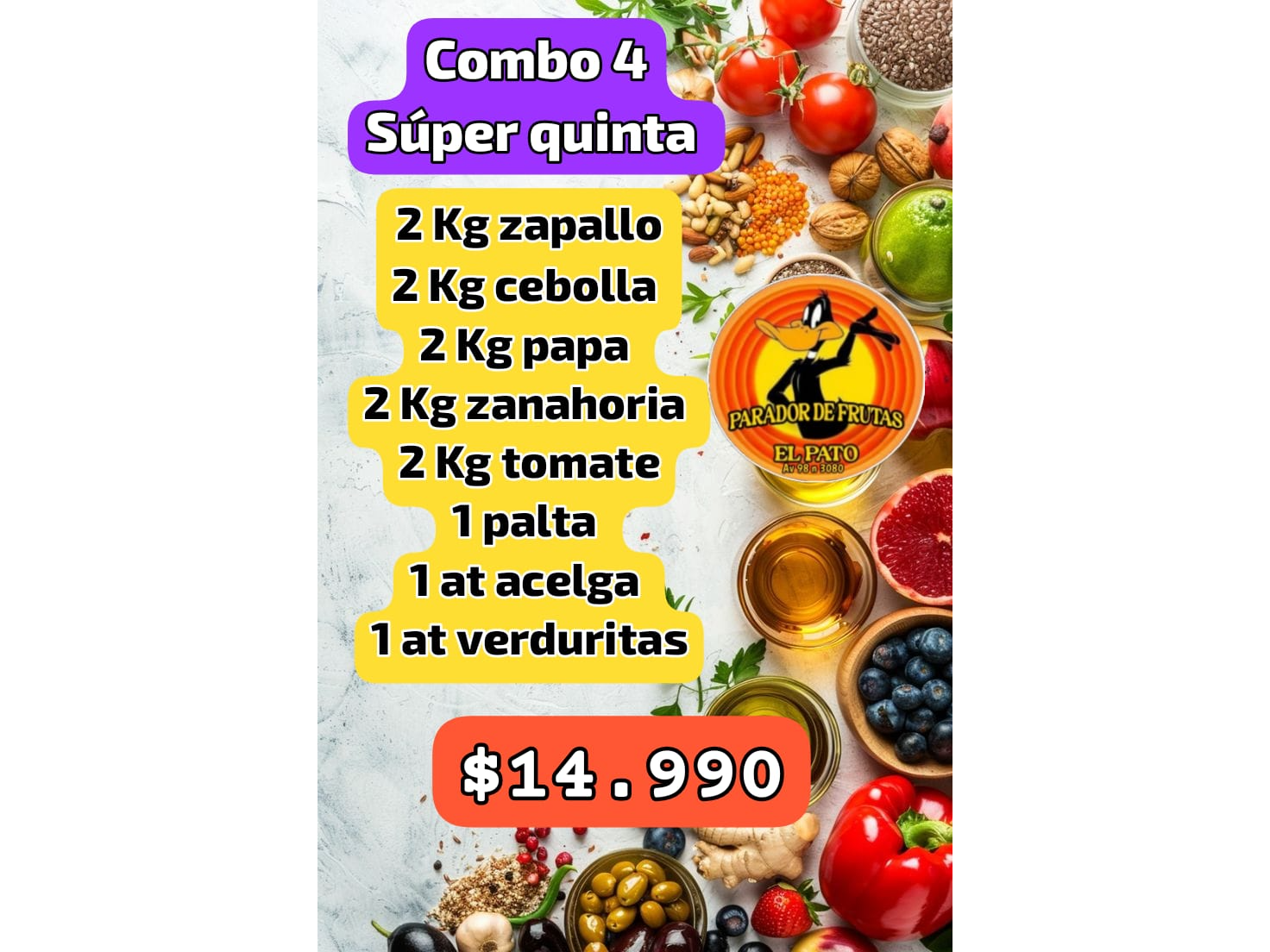 Combo 4 12 productos acelga palta verduritas cebolla zanahoria papa anco
