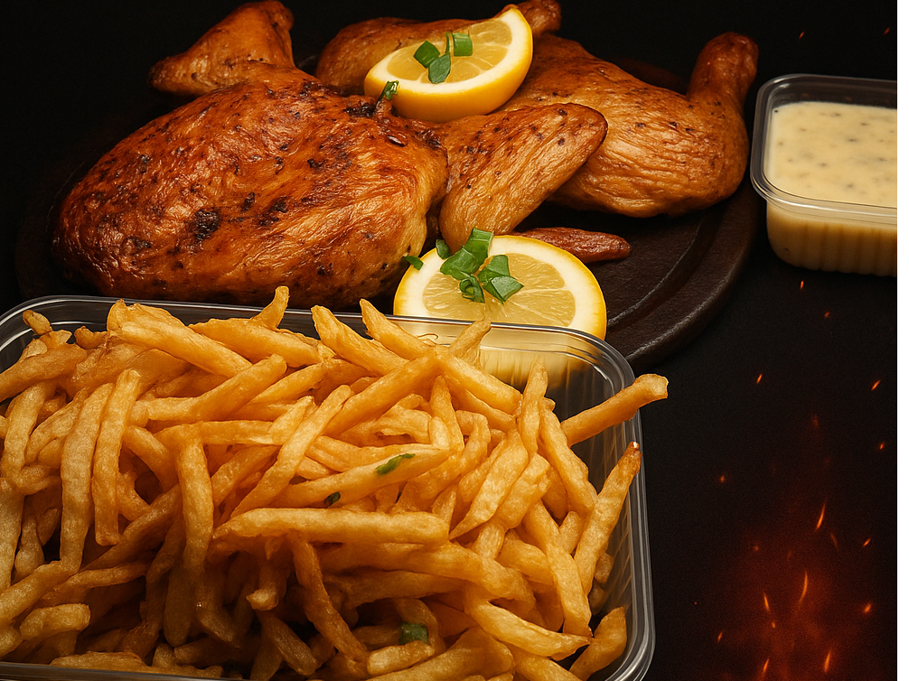 Pollo entero con guarnicion y salsa