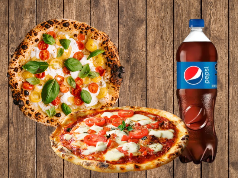 2 pizzas (1 napolitana y 1 caprese) + 1 gaseosa de 1,5 L + 1 breadstick ¡gratis!