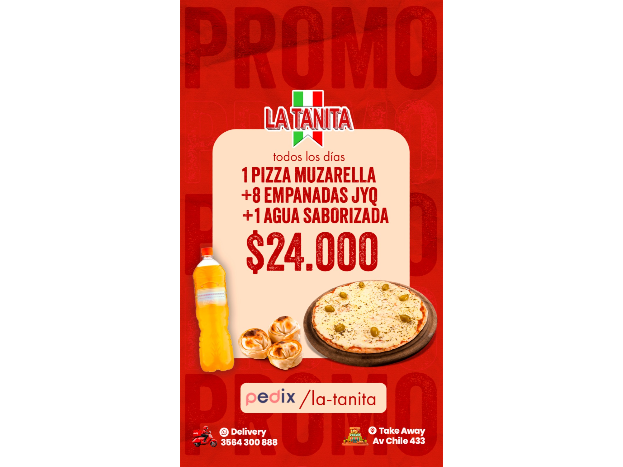 PROMO PIZZA MUZZARELLA + 8 EMPANADAS DE JYQ + AGUA SABORIZADA