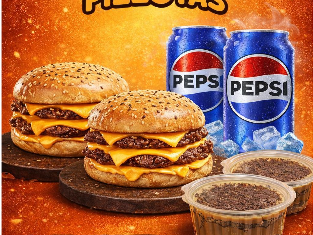 2 Hamburguesa doble cheddar + 2 Chocotorta + 2 lata pepsi