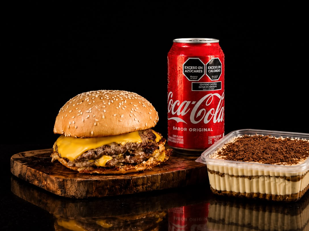 Hamburguesa doble smash cheddar + Postres + lata coca
