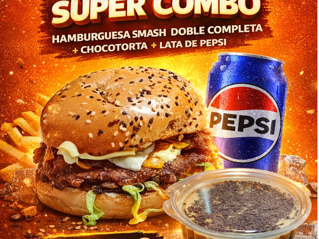 Hamburguesa doble completa + Chocotorta + lata pepsi