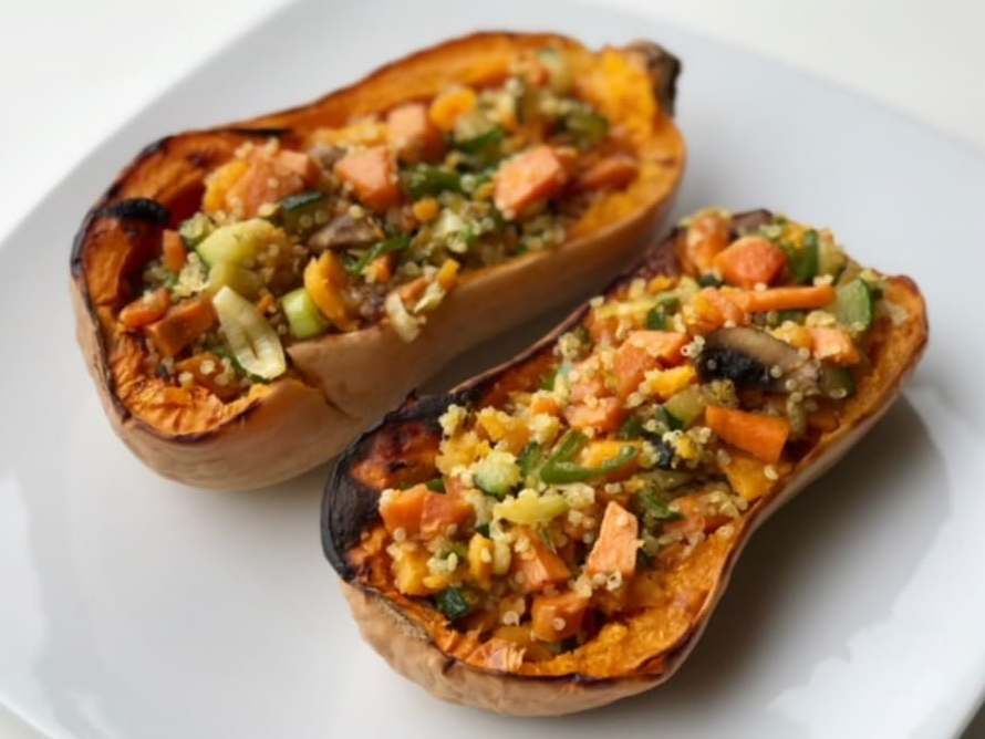 Martes: calabazas rellenas de verduras salteadas y queso sardo + arroz con vegetales.